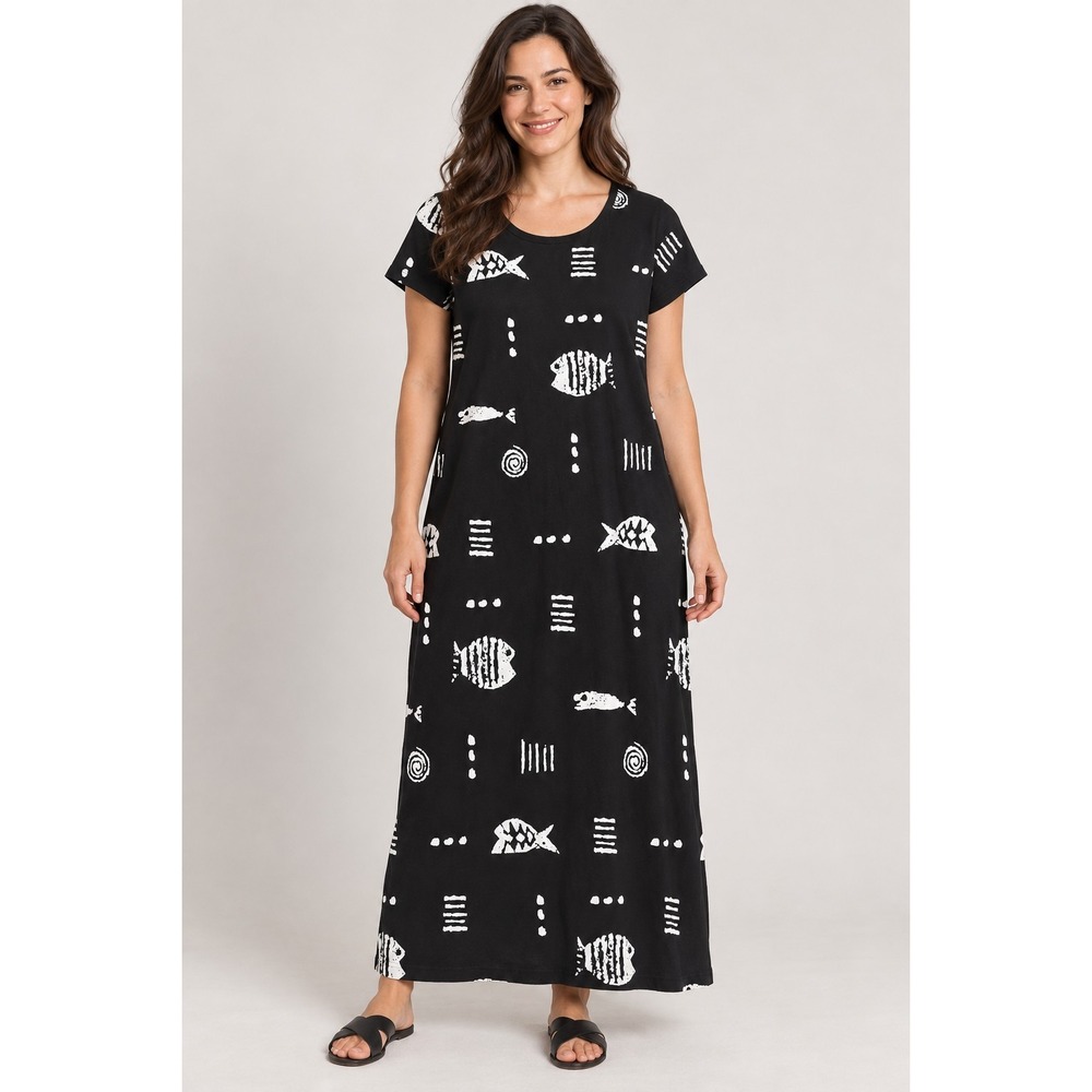 M. Mac Vermont Country Store Women's S Black White Fish Cotton Maxi Dress